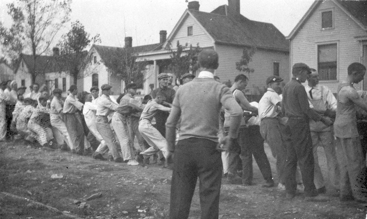 In the early 1900s, the institution was beginning to form annual traditions. Many centered around competitions between the classes. There was the annual flag rush, hand painting class graduation years in outlandish locations, mock funerals, bucking the corduroys, sophomore/freshman football games and the freshman/sophomore tug of war. Photo courtesy of UK Special Collections. 